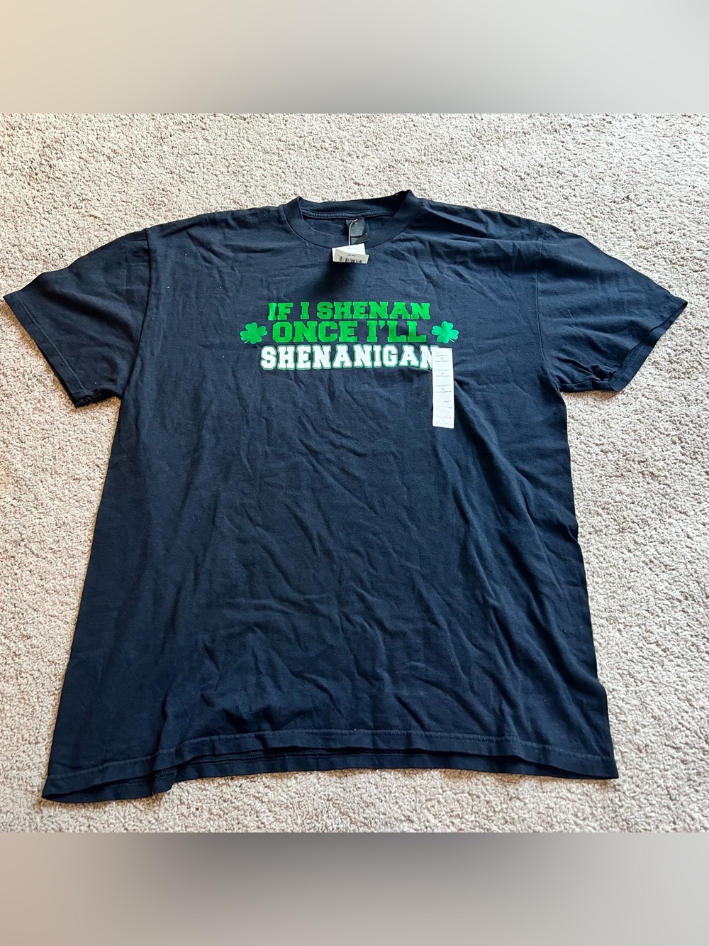 Black Short-Sleeve Graphic Tee with Green & White Shamrock Text
